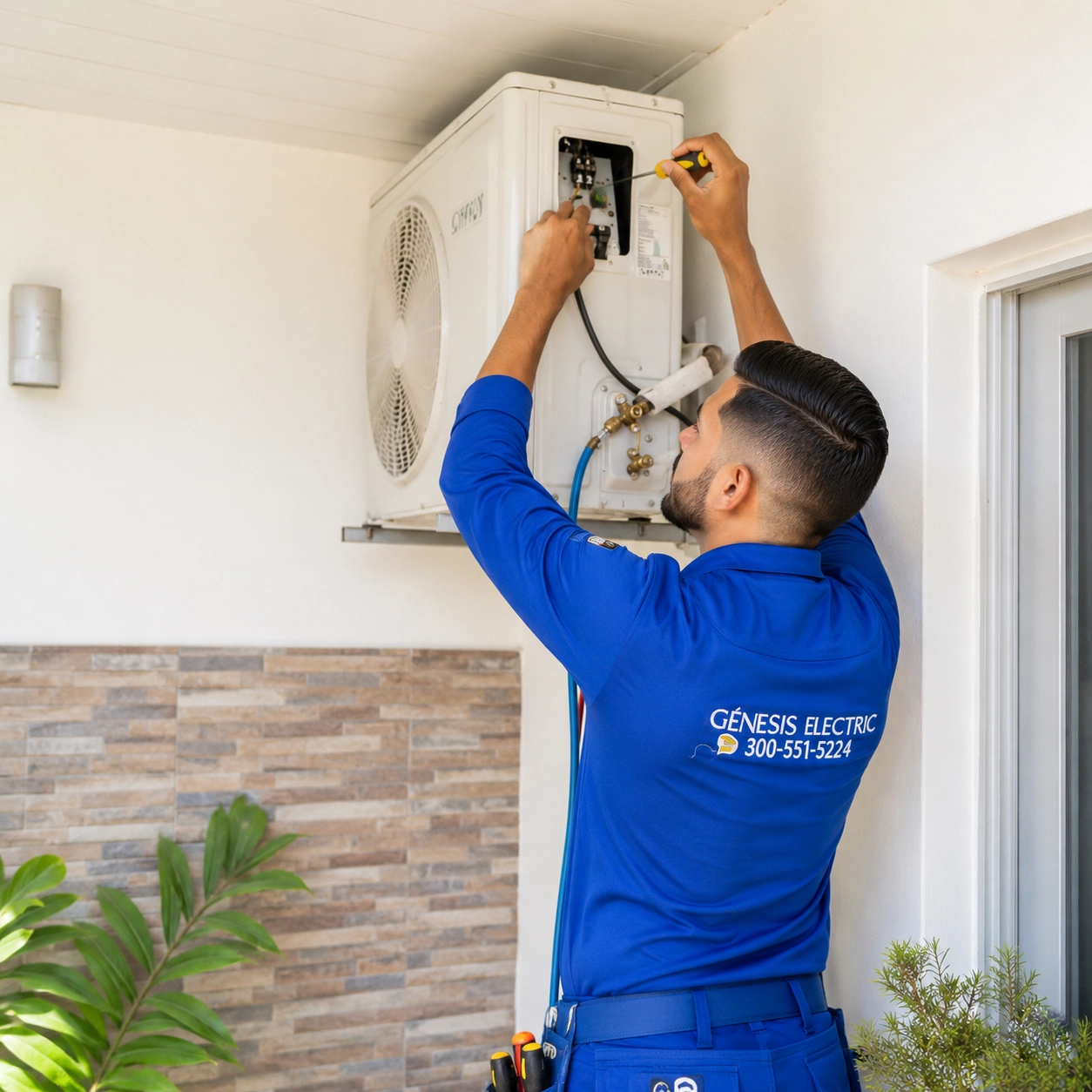 Técnico certificado de Génesis Electric instalando aire acondicionado en proyecto residencial